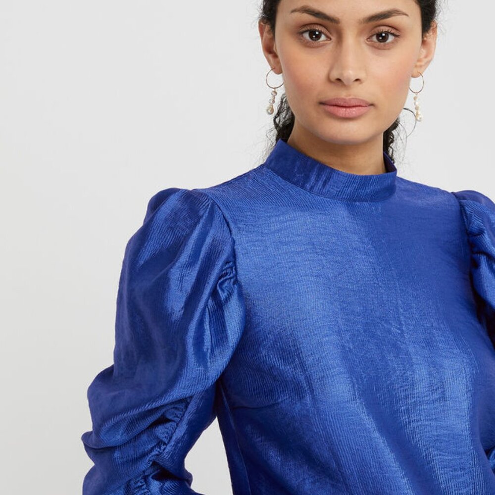 Elegant Tabby Taffeta 80s Sleeve Blouse - Blue